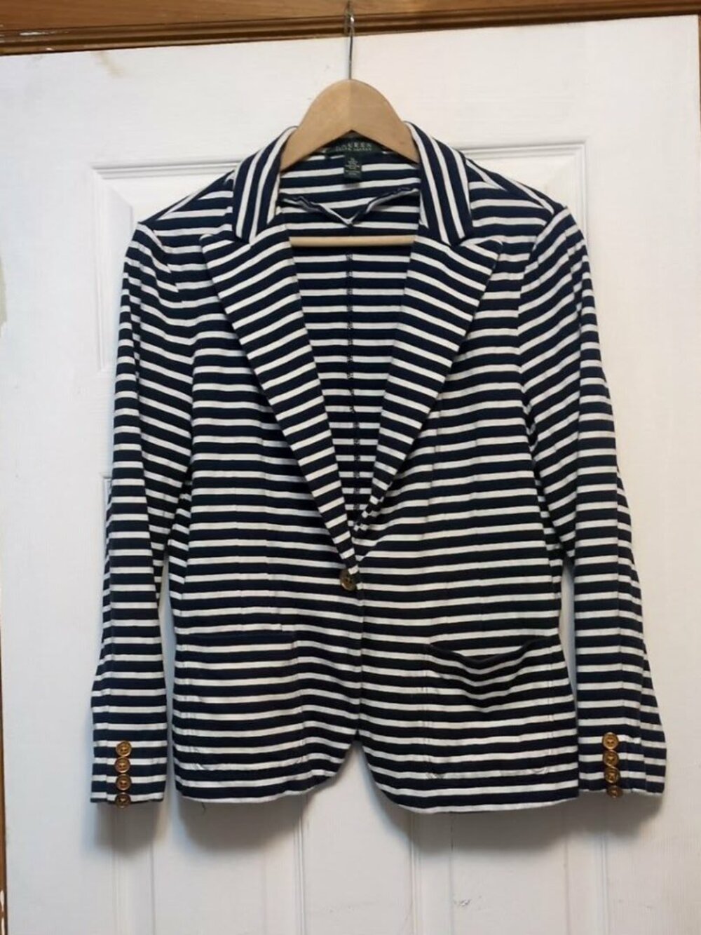Lauren Ralph Lauren Navy White Striped Knit Blazer XL Nautical Coastal Preppy